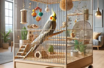 photo-realistic image of a cozy and spacious cockatiel cage